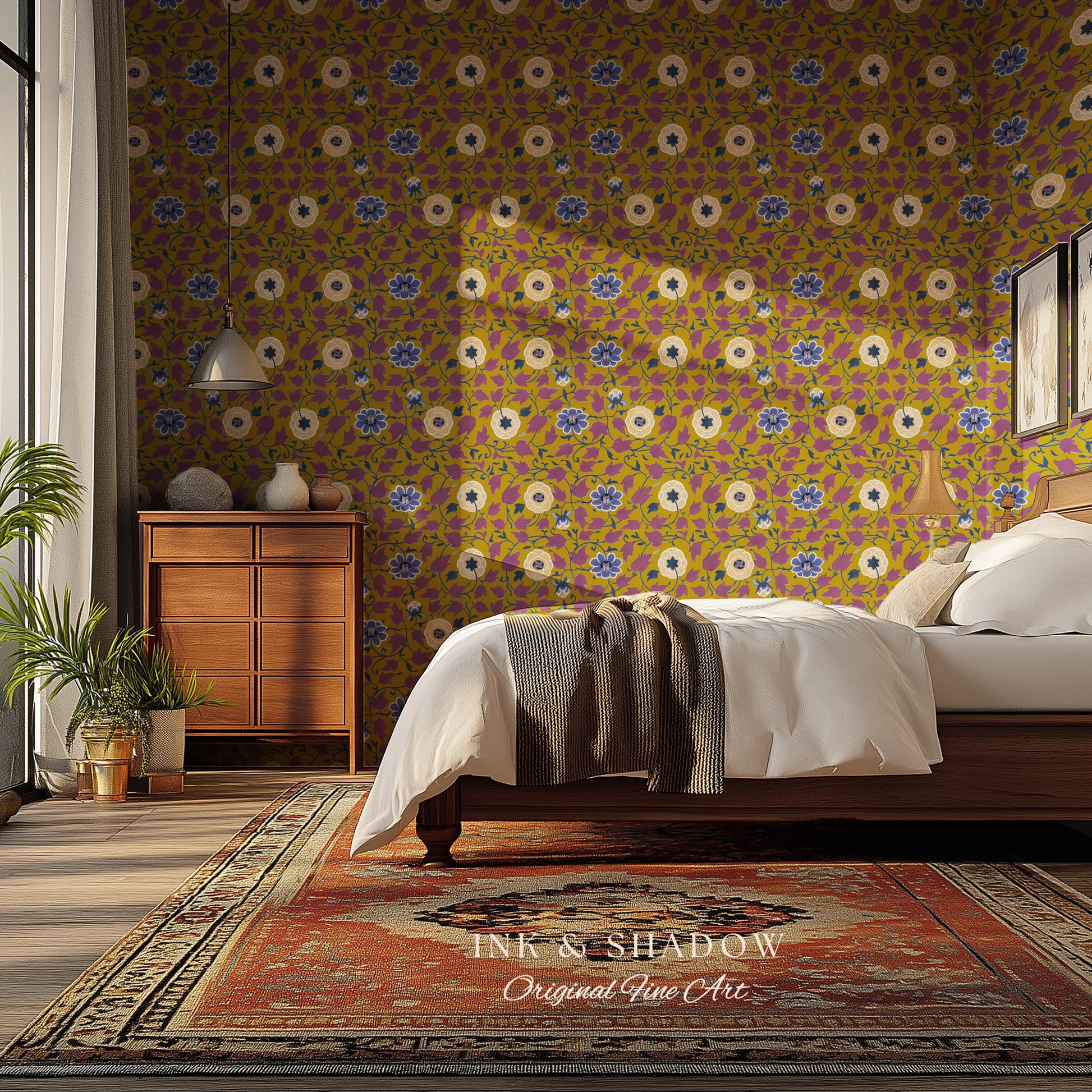 Small-Scale Floral Mustard Wallpaper | Vintage Botanical Detailed Wall Art Peel and Stick Bedroom Timeless Modern Appeal Renter Friendly |