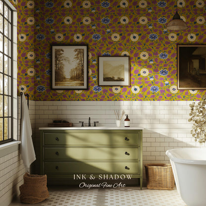 Small-Scale Floral Mustard Wallpaper | Vintage Botanical Detailed Wall Art Peel and Stick Bedroom Timeless Modern Appeal Renter Friendly |
