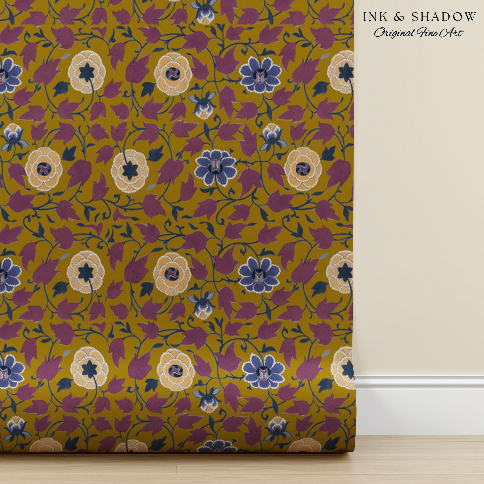 Small-Scale Floral Mustard Wallpaper | Vintage Botanical Detailed Wall Art Peel and Stick Bedroom Timeless Modern Appeal Renter Friendly |