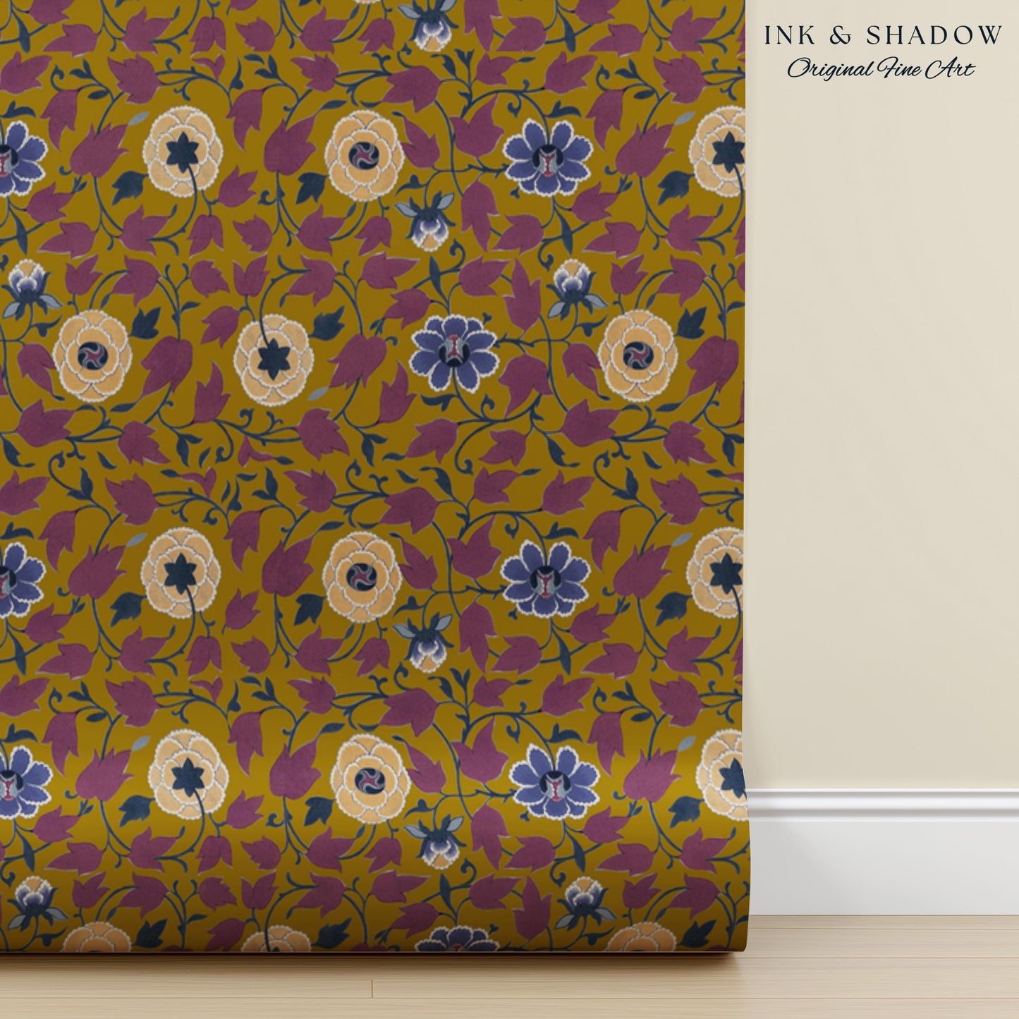 Small-Scale Floral Mustard Wallpaper | Vintage Botanical Detailed Wall Art Peel and Stick Bedroom Timeless Modern Appeal Renter Friendly |