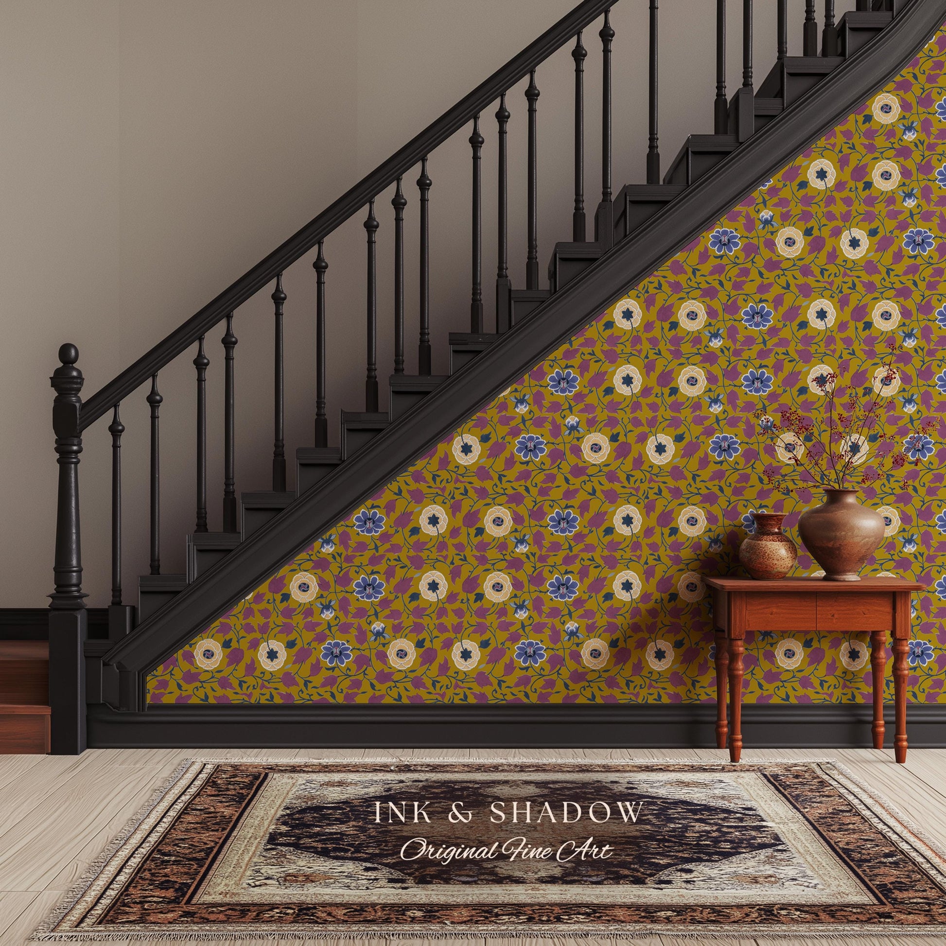 Small-Scale Floral Mustard Wallpaper | Vintage Botanical Detailed Wall Art Peel and Stick Bedroom Timeless Modern Appeal Renter Friendly |