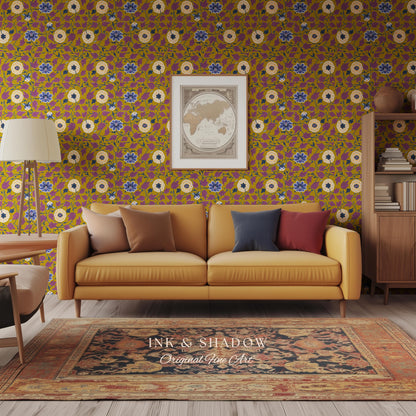 Small-Scale Floral Mustard Wallpaper | Vintage Botanical Detailed Wall Art Peel and Stick Bedroom Timeless Modern Appeal Renter Friendly |