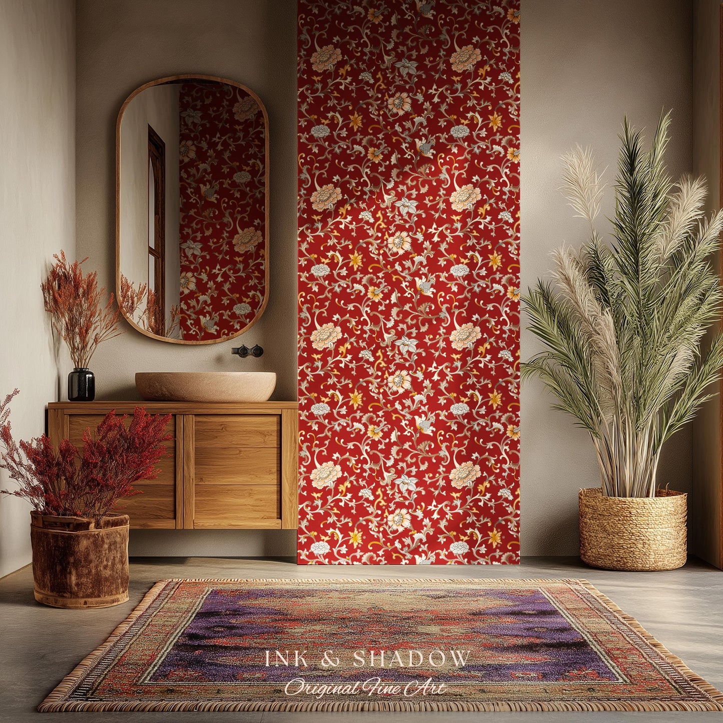 Traditional Heritage Rich Red Wallpaper | Classical Botanical Crimson Chinoiserie Intricate Vines Baroque Bedroom Peel and Stick Ornate
