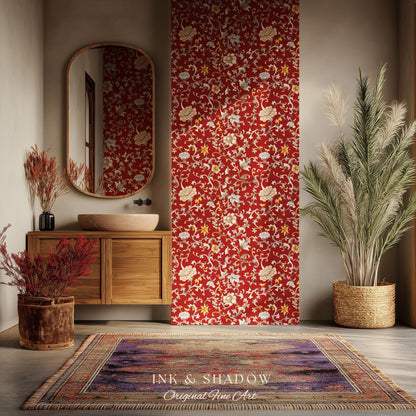 Traditional Heritage Rich Red Wallpaper | Classical Botanical Crimson Chinoiserie Intricate Vines Baroque Bedroom Peel and Stick Ornate