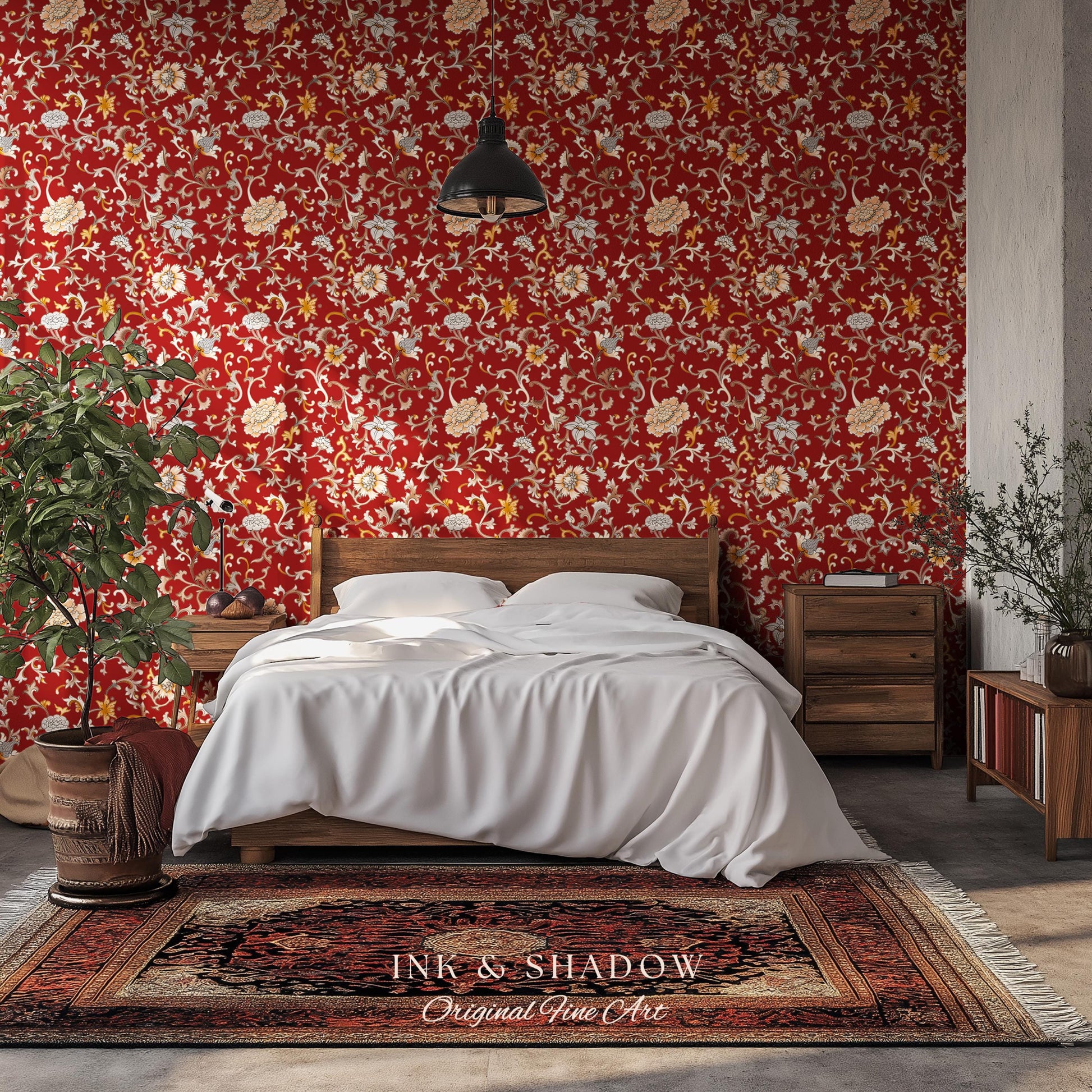 Traditional Heritage Rich Red Wallpaper | Classical Botanical Crimson Chinoiserie Intricate Vines Baroque Bedroom Peel and Stick Ornate