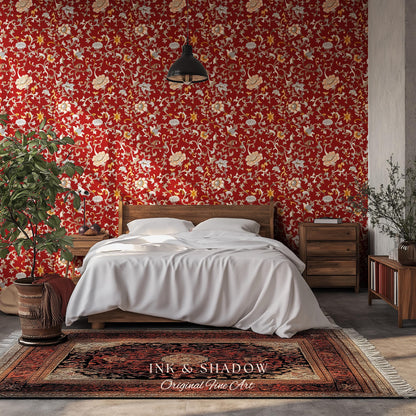 Traditional Heritage Rich Red Wallpaper | Classical Botanical Crimson Chinoiserie Intricate Vines Baroque Bedroom Peel and Stick Ornate