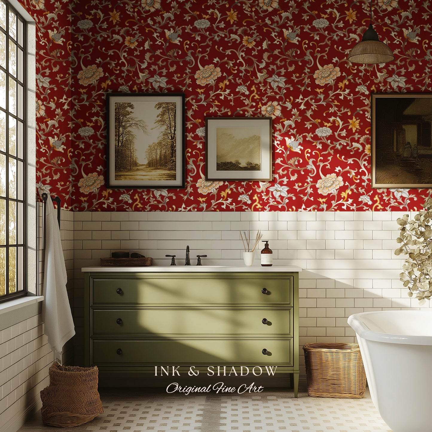Traditional Heritage Rich Red Wallpaper | Classical Botanical Crimson Chinoiserie Intricate Vines Baroque Bedroom Peel and Stick Ornate