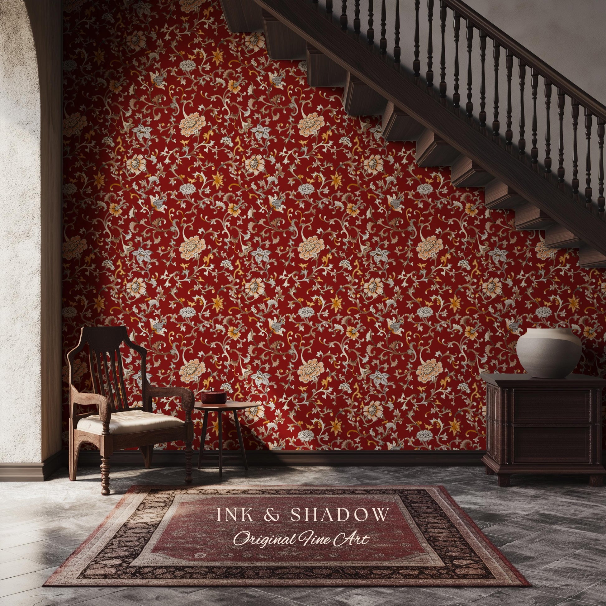 Traditional Heritage Rich Red Wallpaper | Classical Botanical Crimson Chinoiserie Intricate Vines Baroque Bedroom Peel and Stick Ornate