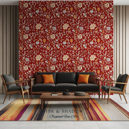 Traditional Heritage Rich Red Wallpaper | Classical Botanical Crimson Chinoiserie Intricate Vines Baroque Bedroom Peel and Stick Ornate