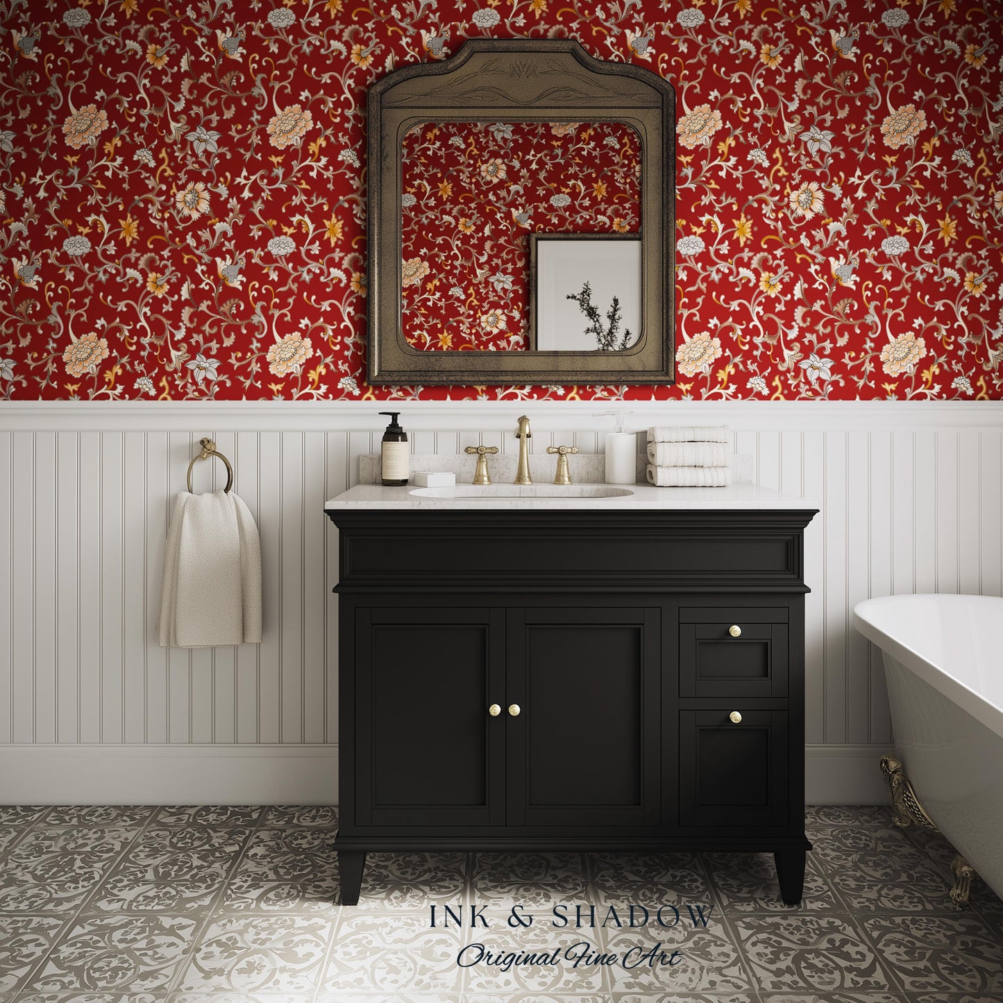 Traditional Heritage Rich Red Wallpaper | Classical Botanical Crimson Chinoiserie Intricate Vines Baroque Bedroom Peel and Stick Ornate