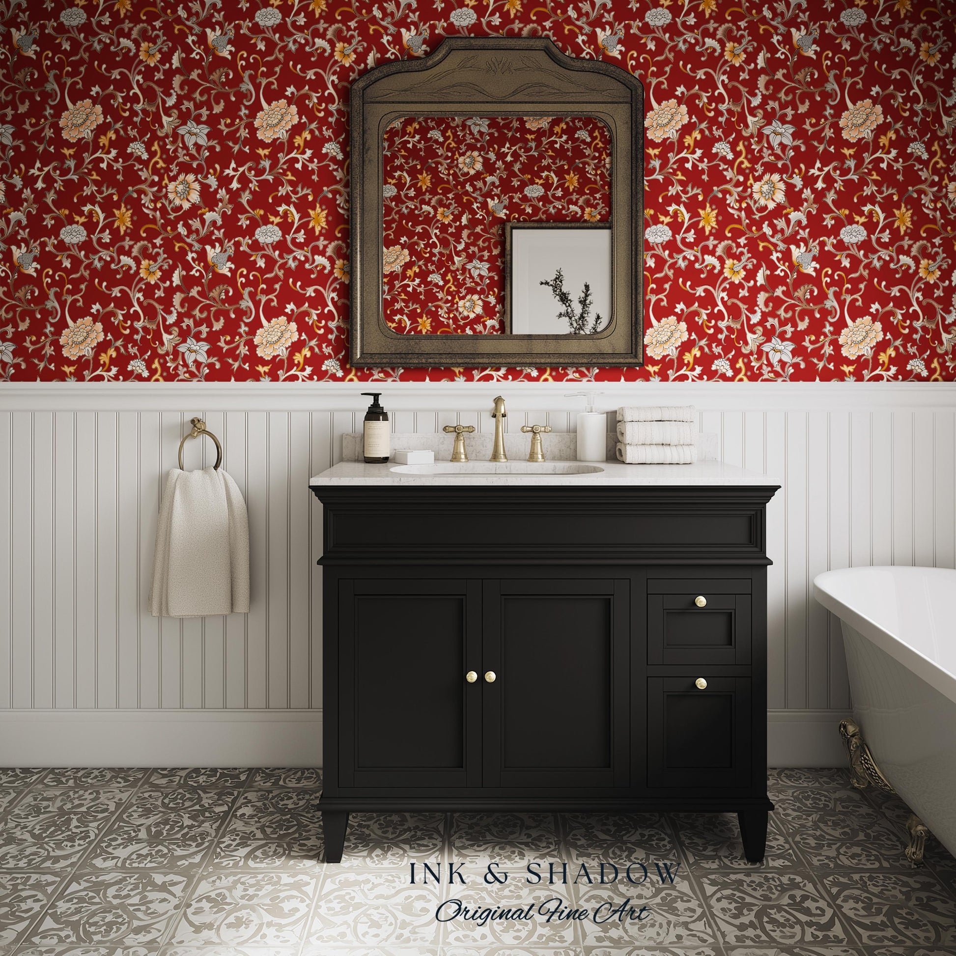 Traditional Heritage Rich Red Wallpaper | Classical Botanical Crimson Chinoiserie Intricate Vines Baroque Bedroom Peel and Stick Ornate