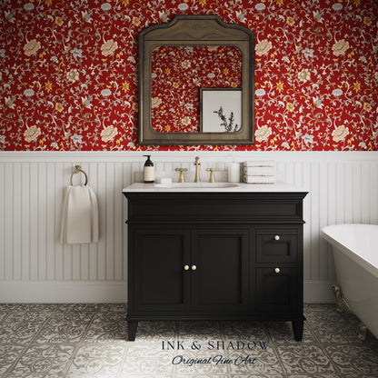 Traditional Heritage Rich Red Wallpaper | Classical Botanical Crimson Chinoiserie Intricate Vines Baroque Bedroom Peel and Stick Ornate