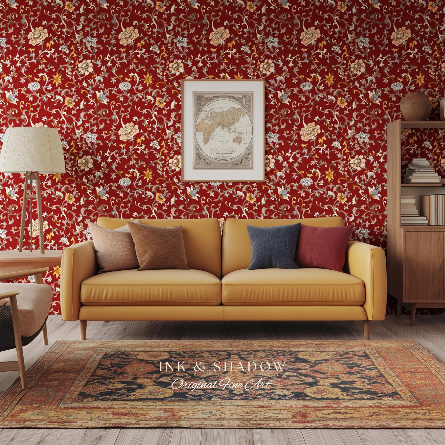 Traditional Heritage Rich Red Wallpaper | Classical Botanical Crimson Chinoiserie Intricate Vines Baroque Bedroom Peel and Stick Ornate