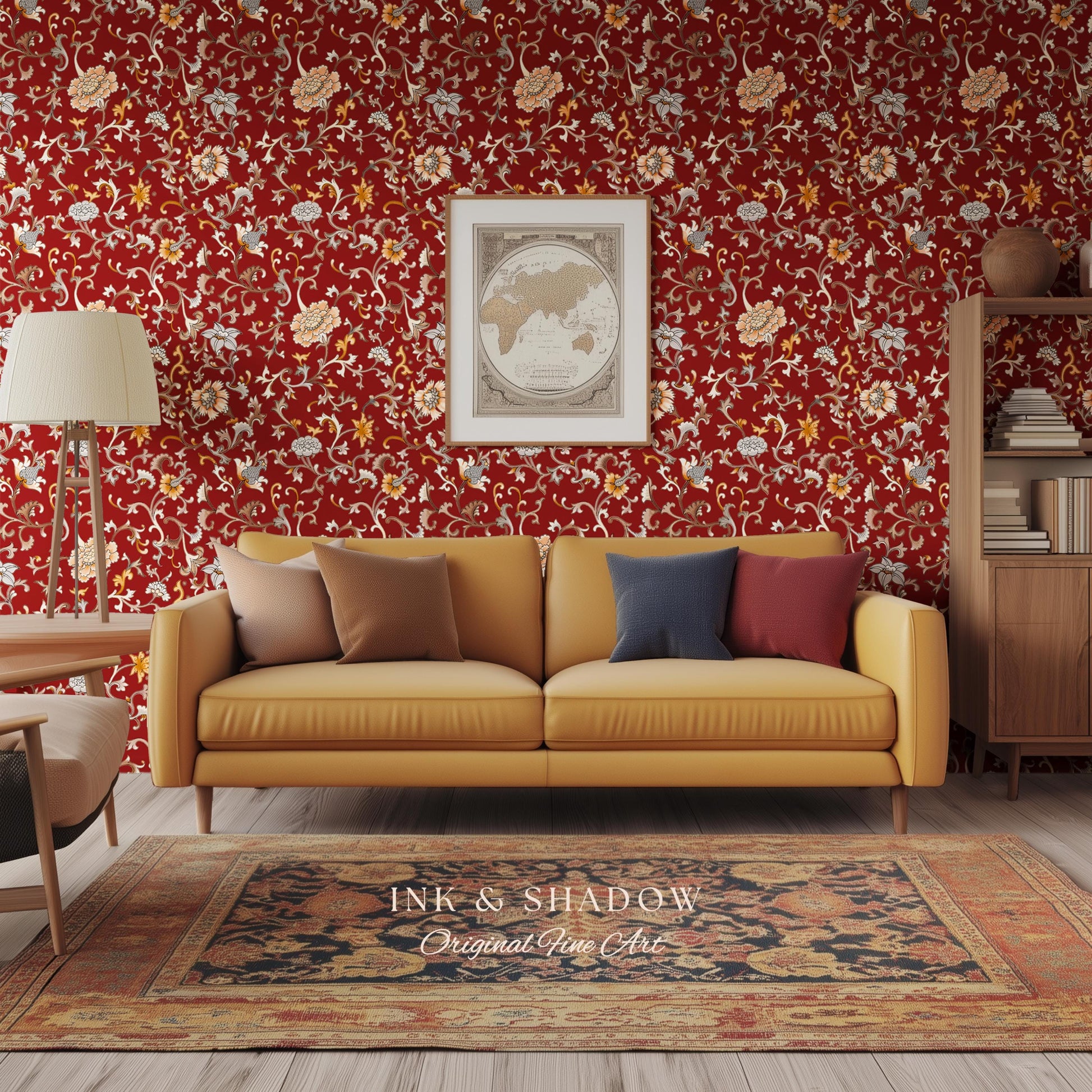 Traditional Heritage Rich Red Wallpaper | Classical Botanical Crimson Chinoiserie Intricate Vines Baroque Bedroom Peel and Stick Ornate