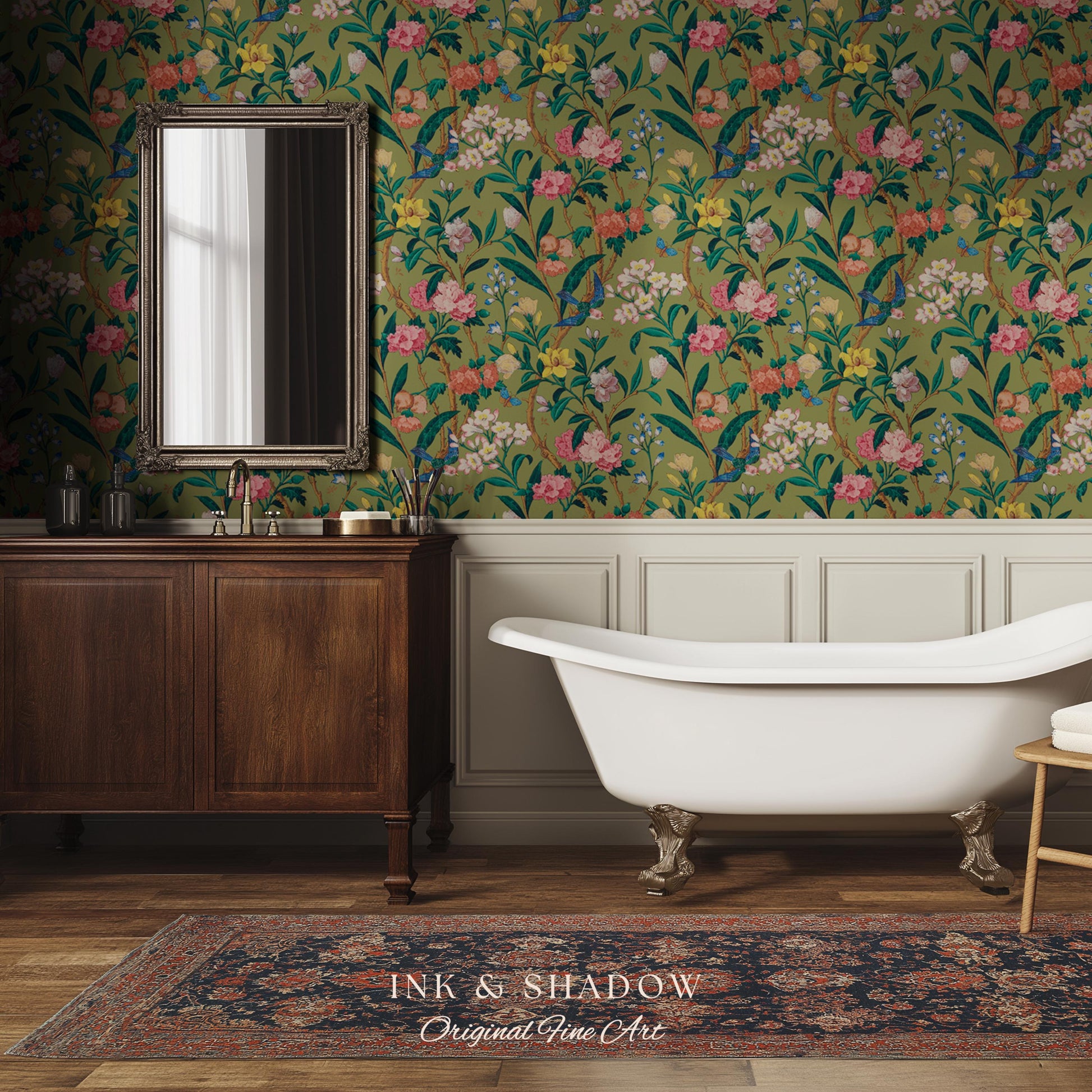 Elevated European Floral Print Wallpaper | Olive Green Chinoiserie Inspired Flowers and Birds Pattern Sophisticated Peel and Stick Wall Art