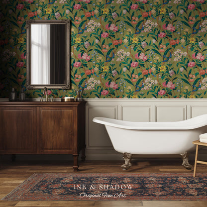 Elevated European Floral Print Wallpaper | Olive Green Chinoiserie Inspired Flowers and Birds Pattern Sophisticated Peel and Stick Wall Art