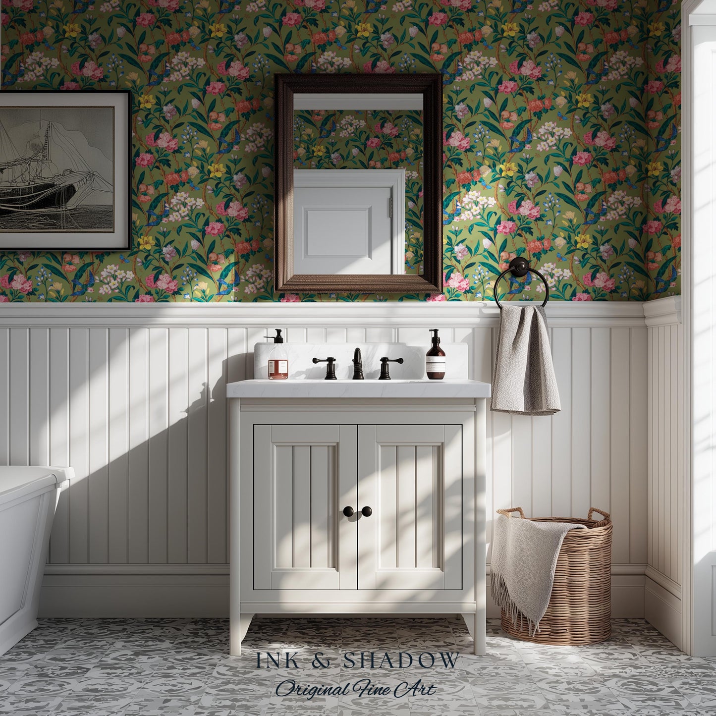 Elevated European Floral Print Wallpaper | Olive Green Chinoiserie Inspired Flowers and Birds Pattern Sophisticated Peel and Stick Wall Art