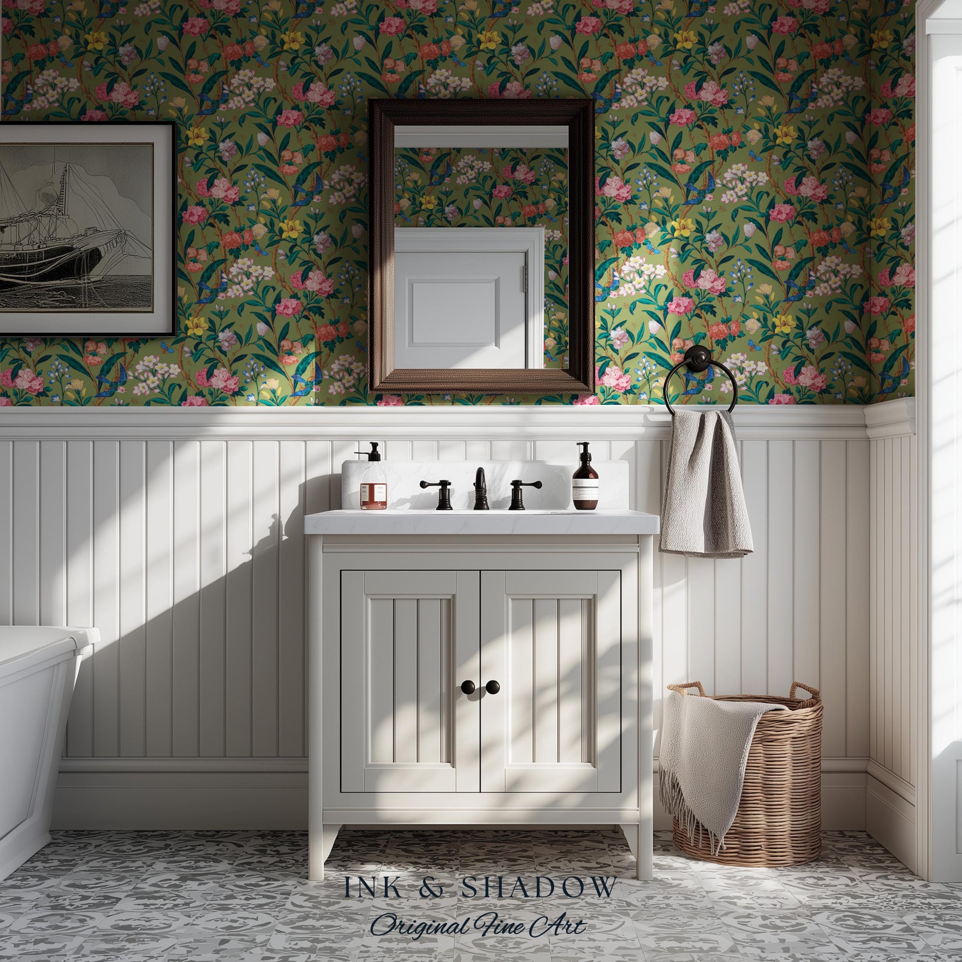 Elevated European Floral Print Wallpaper | Olive Green Chinoiserie Inspired Flowers and Birds Pattern Sophisticated Peel and Stick Wall Art