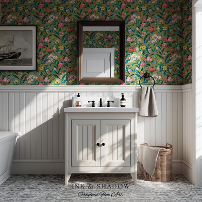 Elevated European Floral Print Wallpaper | Olive Green Chinoiserie Inspired Flowers and Birds Pattern Sophisticated Peel and Stick Wall Art