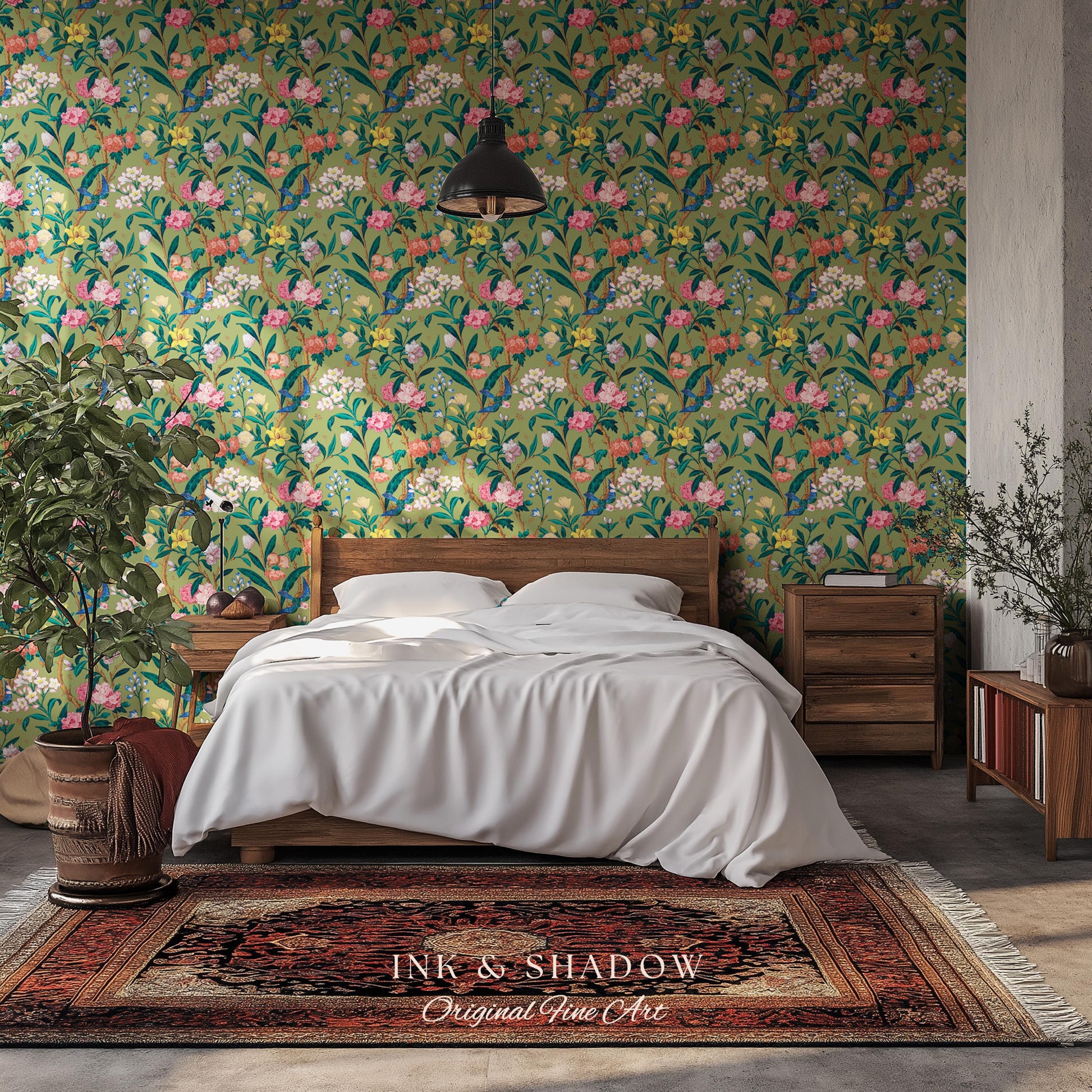 Elevated European Floral Print Wallpaper | Olive Green Chinoiserie Inspired Flowers and Birds Pattern Sophisticated Peel and Stick Wall Art