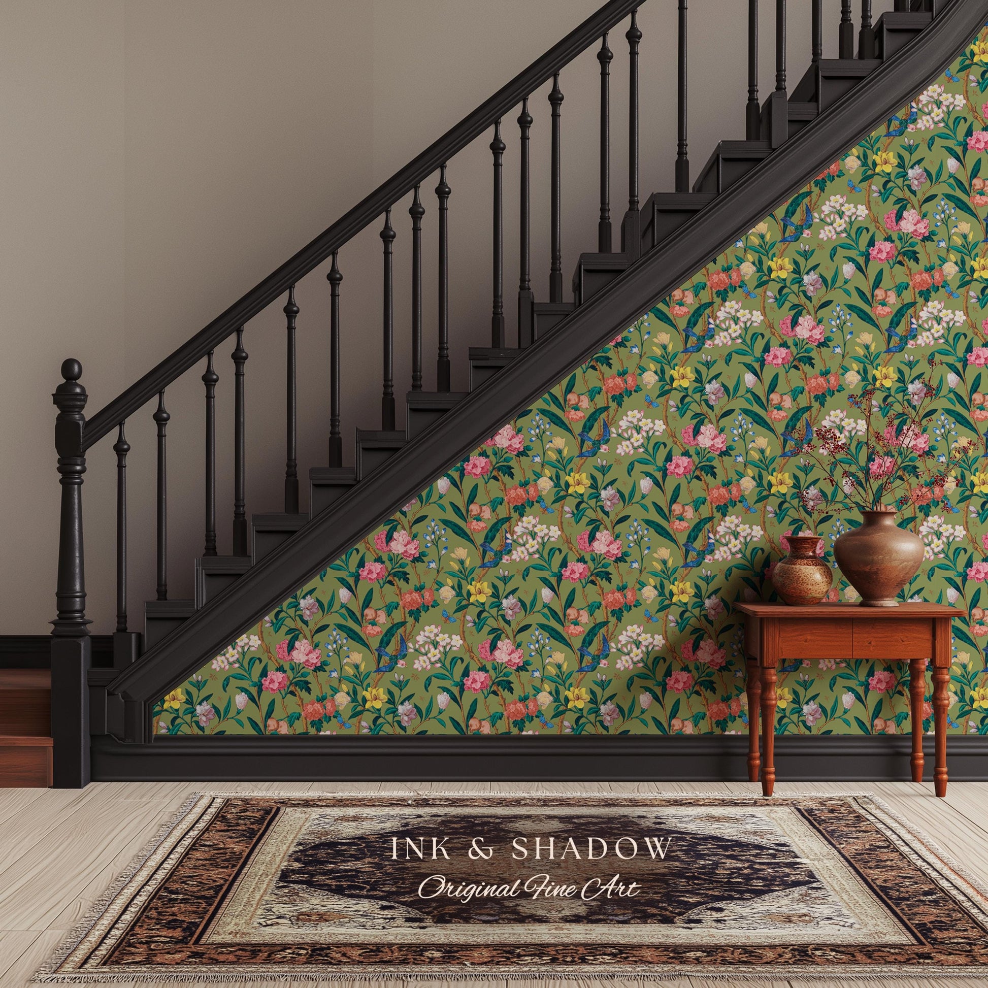 Elevated European Floral Print Wallpaper | Olive Green Chinoiserie Inspired Flowers and Birds Pattern Sophisticated Peel and Stick Wall Art