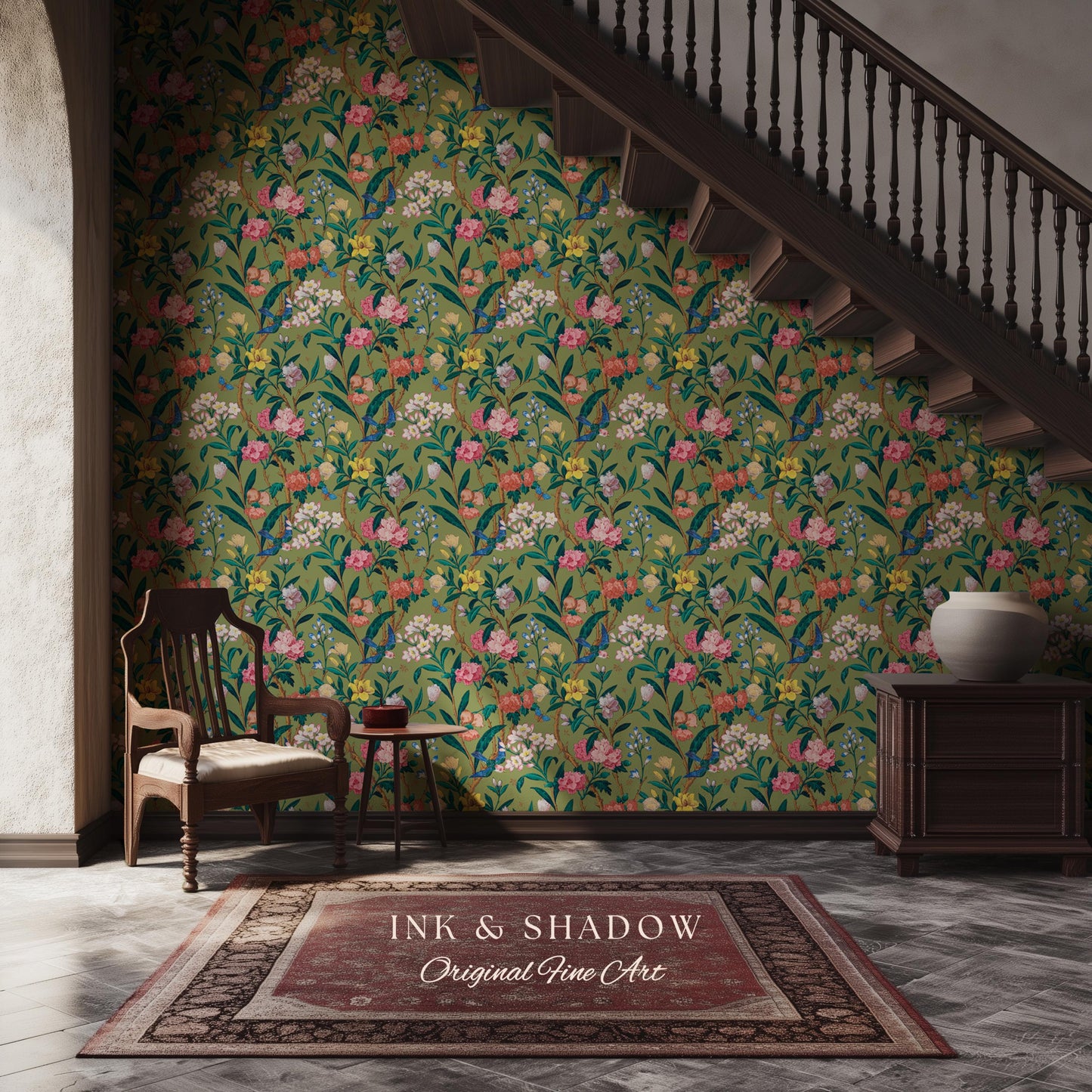 Elevated European Floral Print Wallpaper | Olive Green Chinoiserie Inspired Flowers and Birds Pattern Sophisticated Peel and Stick Wall Art