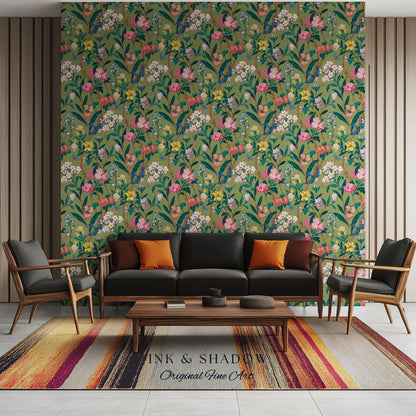 Elevated European Floral Print Wallpaper | Olive Green Chinoiserie Inspired Flowers and Birds Pattern Sophisticated Peel and Stick Wall Art
