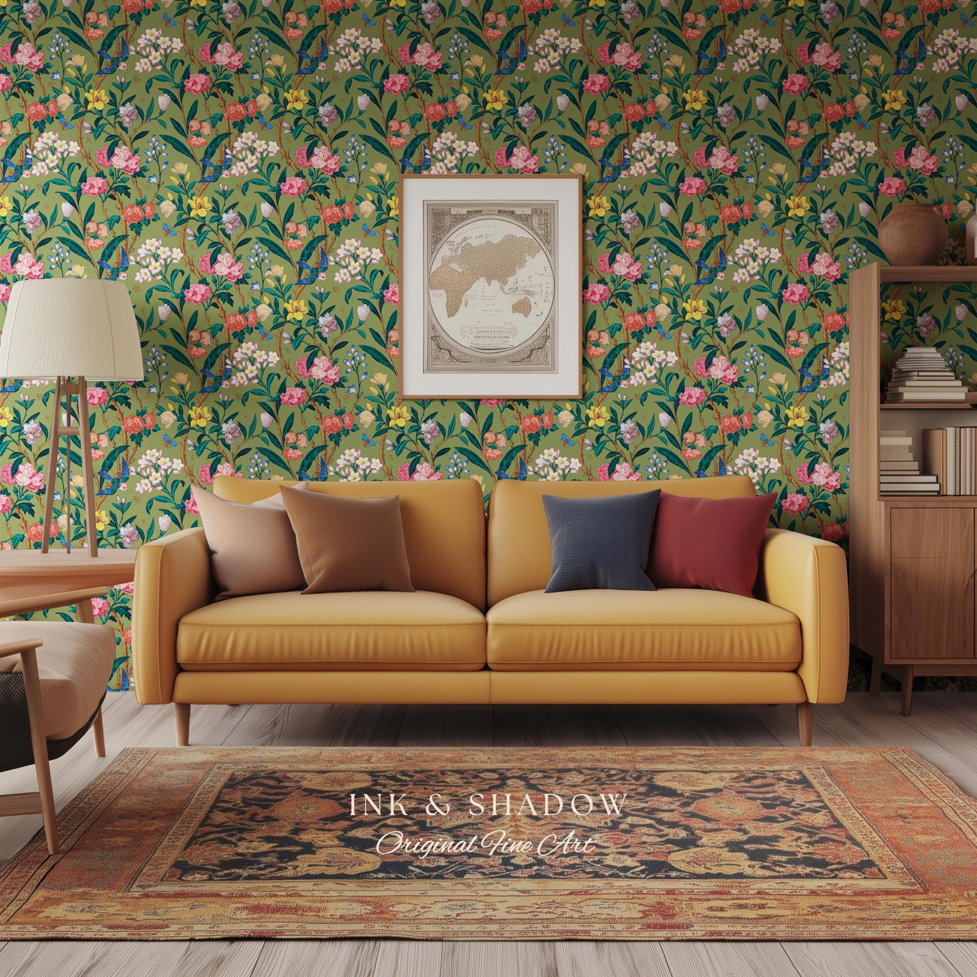 Elevated European Floral Print Wallpaper | Olive Green Chinoiserie Inspired Flowers and Birds Pattern Sophisticated Peel and Stick Wall Art