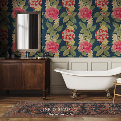 High Contrast Floral Stripe Wallpaper | Vertical Botanical Statement Wall Bold Bedroom Accent Renter Friendly Home Decor Roses Navy Blue