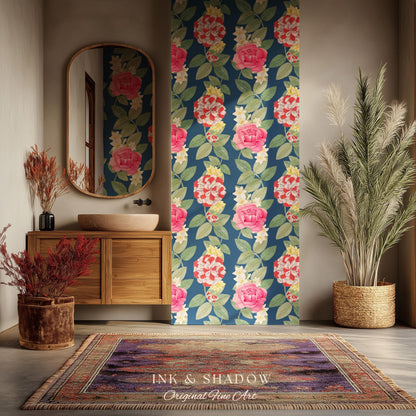 High Contrast Floral Stripe Wallpaper | Vertical Botanical Statement Wall Bold Bedroom Accent Renter Friendly Home Decor Roses Navy Blue
