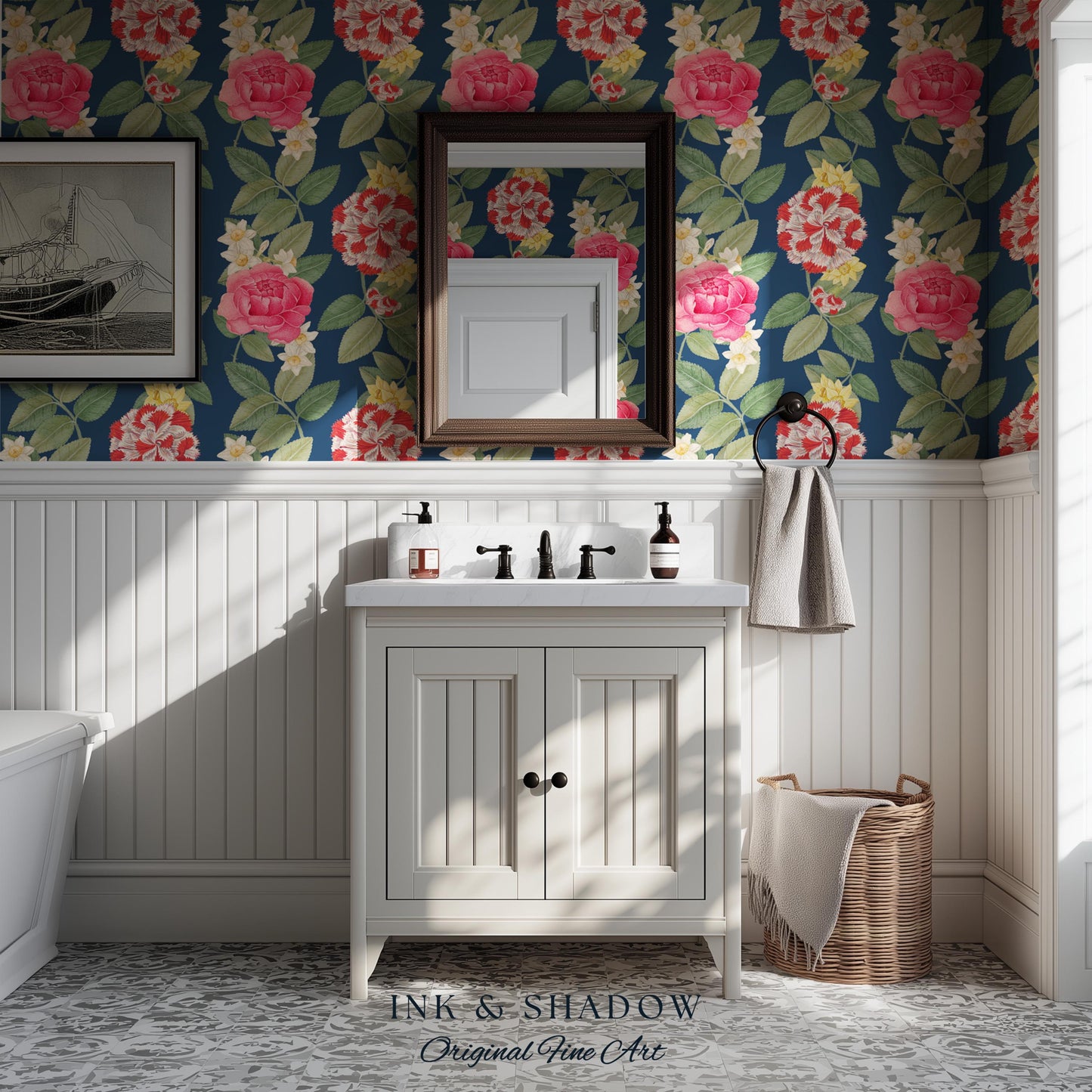 High Contrast Floral Stripe Wallpaper | Vertical Botanical Statement Wall Bold Bedroom Accent Renter Friendly Home Decor Roses Navy Blue