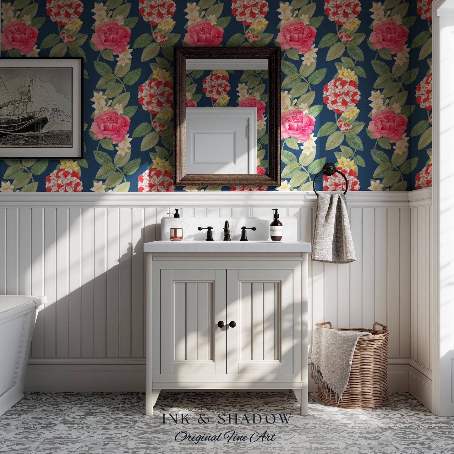 High Contrast Floral Stripe Wallpaper | Vertical Botanical Statement Wall Bold Bedroom Accent Renter Friendly Home Decor Roses Navy Blue