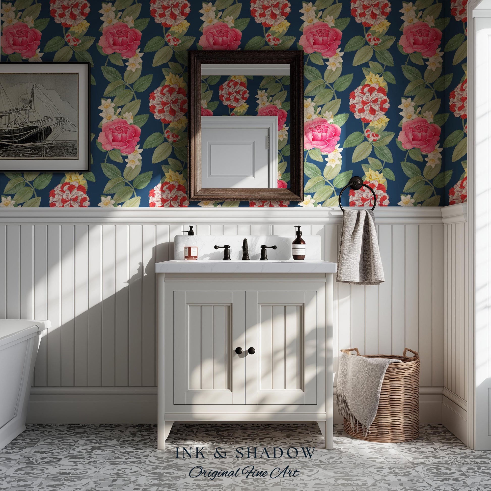 High Contrast Floral Stripe Wallpaper | Vertical Botanical Statement Wall Bold Bedroom Accent Renter Friendly Home Decor Roses Navy Blue