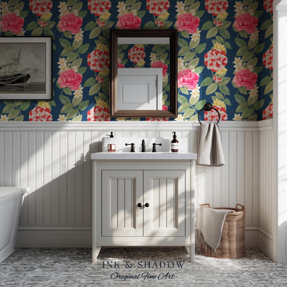 High Contrast Floral Stripe Wallpaper | Vertical Botanical Statement Wall Bold Bedroom Accent Renter Friendly Home Decor Roses Navy Blue