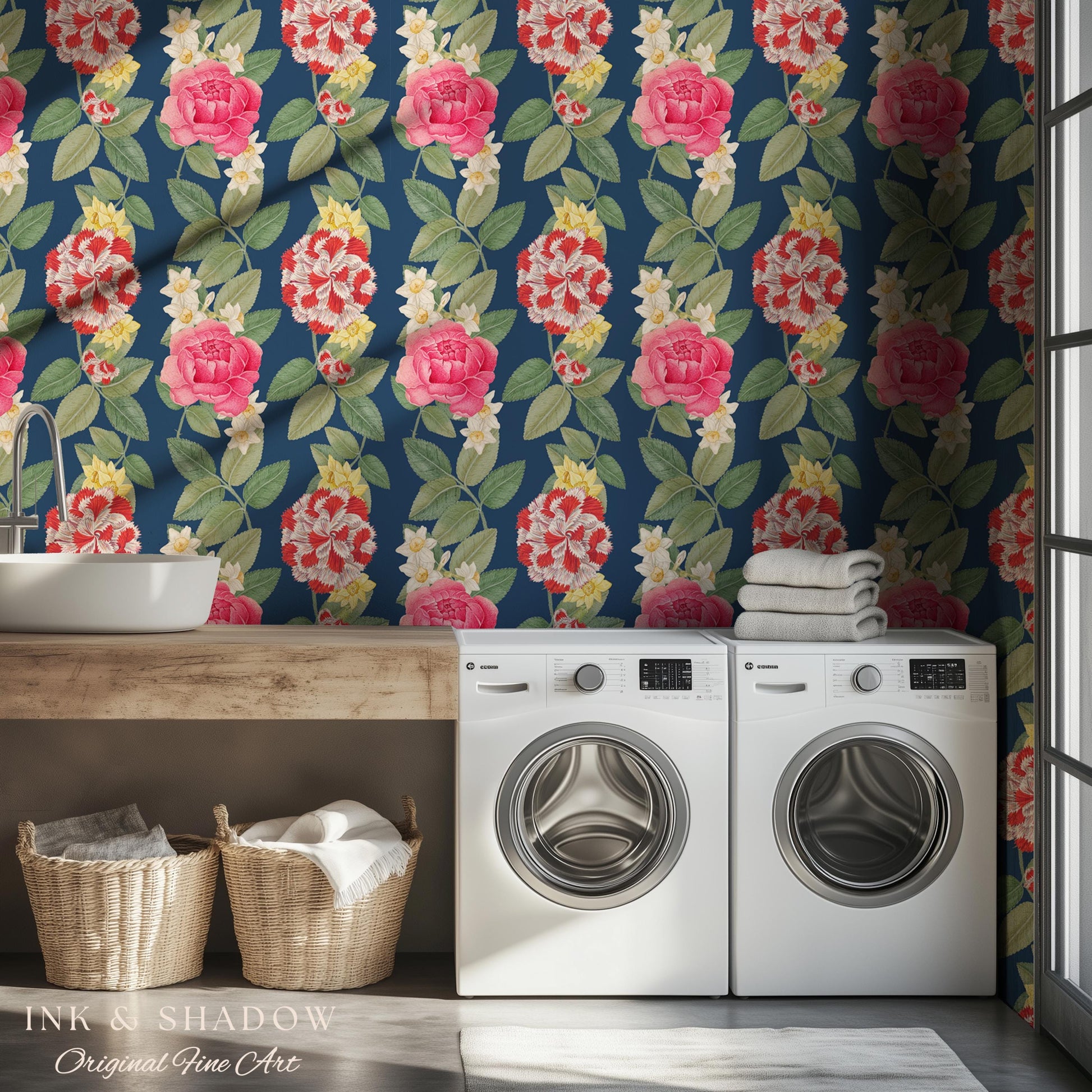 High Contrast Floral Stripe Wallpaper | Vertical Botanical Statement Wall Bold Bedroom Accent Renter Friendly Home Decor Roses Navy Blue