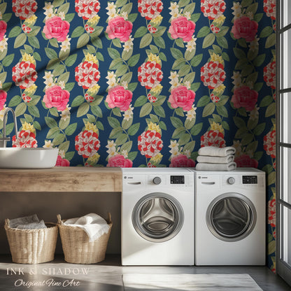 High Contrast Floral Stripe Wallpaper | Vertical Botanical Statement Wall Bold Bedroom Accent Renter Friendly Home Decor Roses Navy Blue