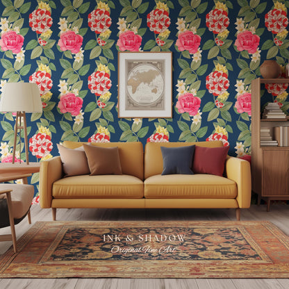 High Contrast Floral Stripe Wallpaper | Vertical Botanical Statement Wall Bold Bedroom Accent Renter Friendly Home Decor Roses Navy Blue