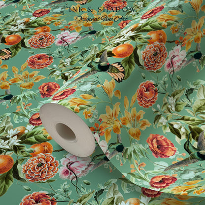 Ornate Maximalist Chinoiserie Wallpaper | Hummingbird Floral Teal Blue Botanical Print Peel and Stick Traditional Decor Renter Friendly