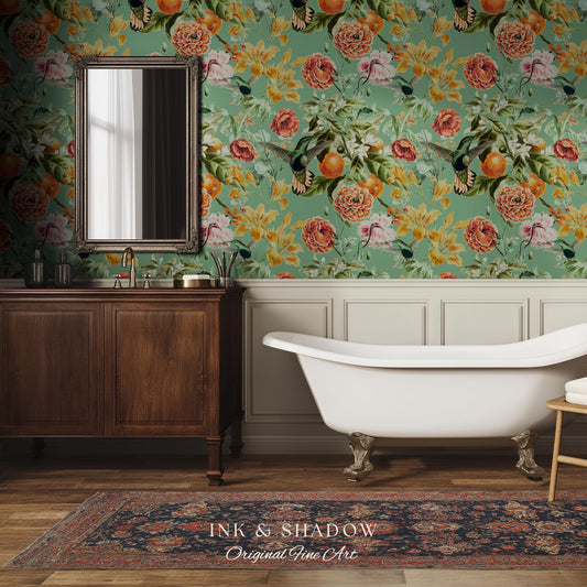 Ornate Maximalist Chinoiserie Wallpaper | Hummingbird Floral Teal Blue Botanical Print Peel and Stick Traditional Decor Renter Friendly