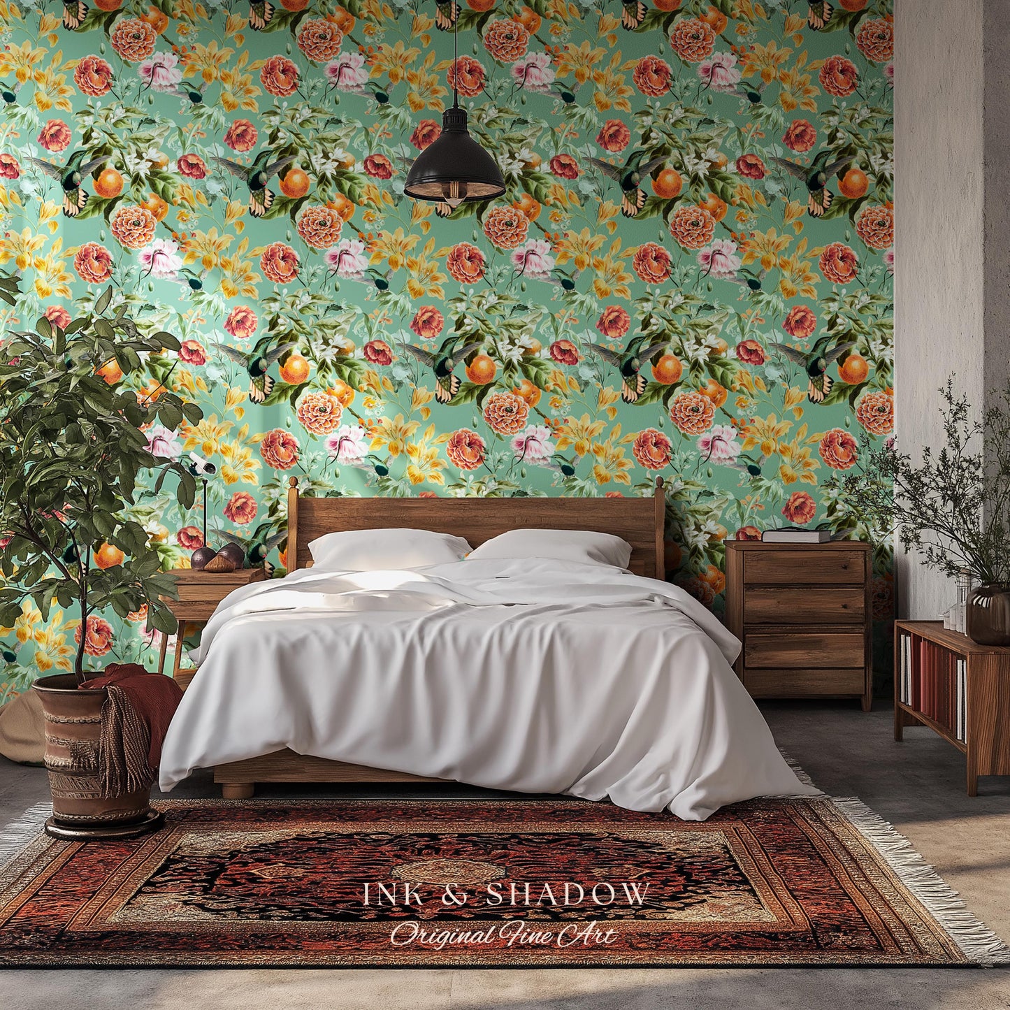 Ornate Maximalist Chinoiserie Wallpaper | Hummingbird Floral Teal Blue Botanical Print Peel and Stick Traditional Decor Renter Friendly