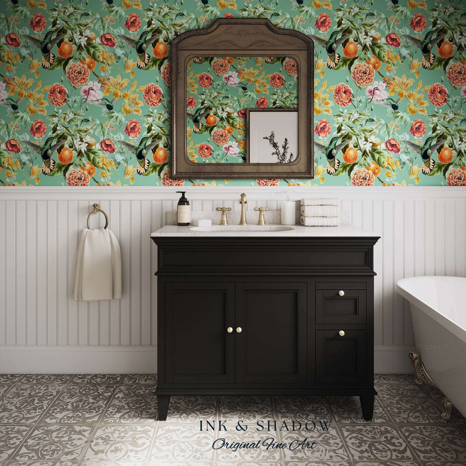 Ornate Maximalist Chinoiserie Wallpaper | Hummingbird Floral Teal Blue Botanical Print Peel and Stick Traditional Decor Renter Friendly