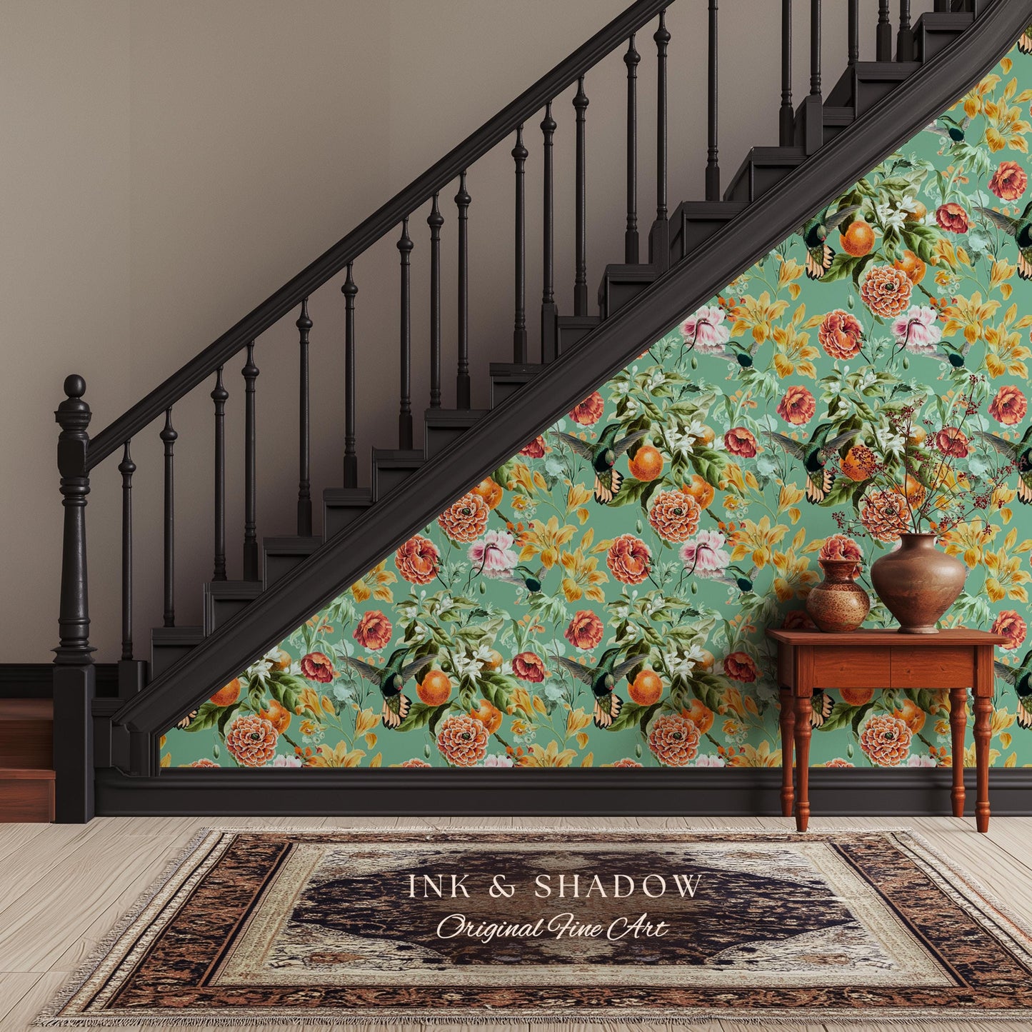 Ornate Maximalist Chinoiserie Wallpaper | Hummingbird Floral Teal Blue Botanical Print Peel and Stick Traditional Decor Renter Friendly
