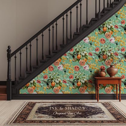 Ornate Maximalist Chinoiserie Wallpaper | Hummingbird Floral Teal Blue Botanical Print Peel and Stick Traditional Decor Renter Friendly
