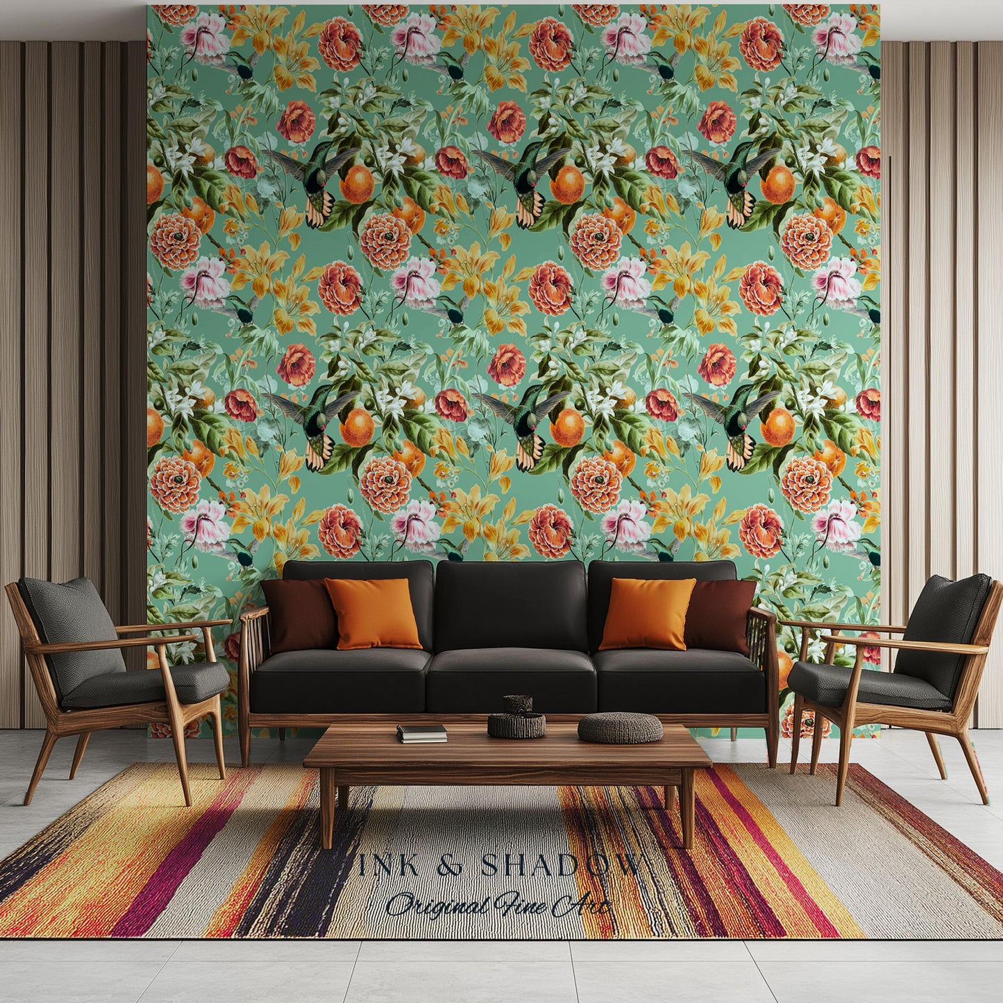 Ornate Maximalist Chinoiserie Wallpaper | Hummingbird Floral Teal Blue Botanical Print Peel and Stick Traditional Decor Renter Friendly