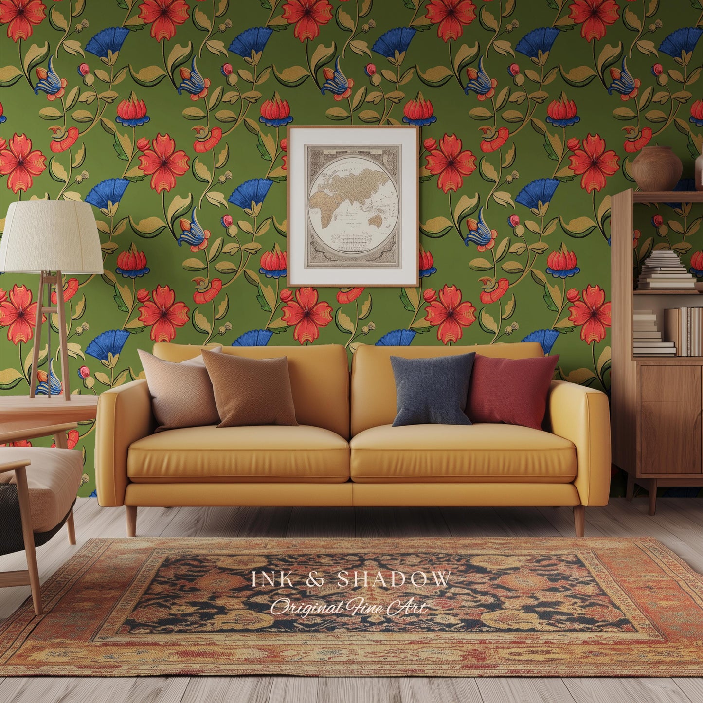 Vibrant Hibiscus Pattern Bold Wallpaper | Green Boho Botanical Folk Floral Home Decor Olive Wall Art Peel & Stick Vintage Inspired Statement