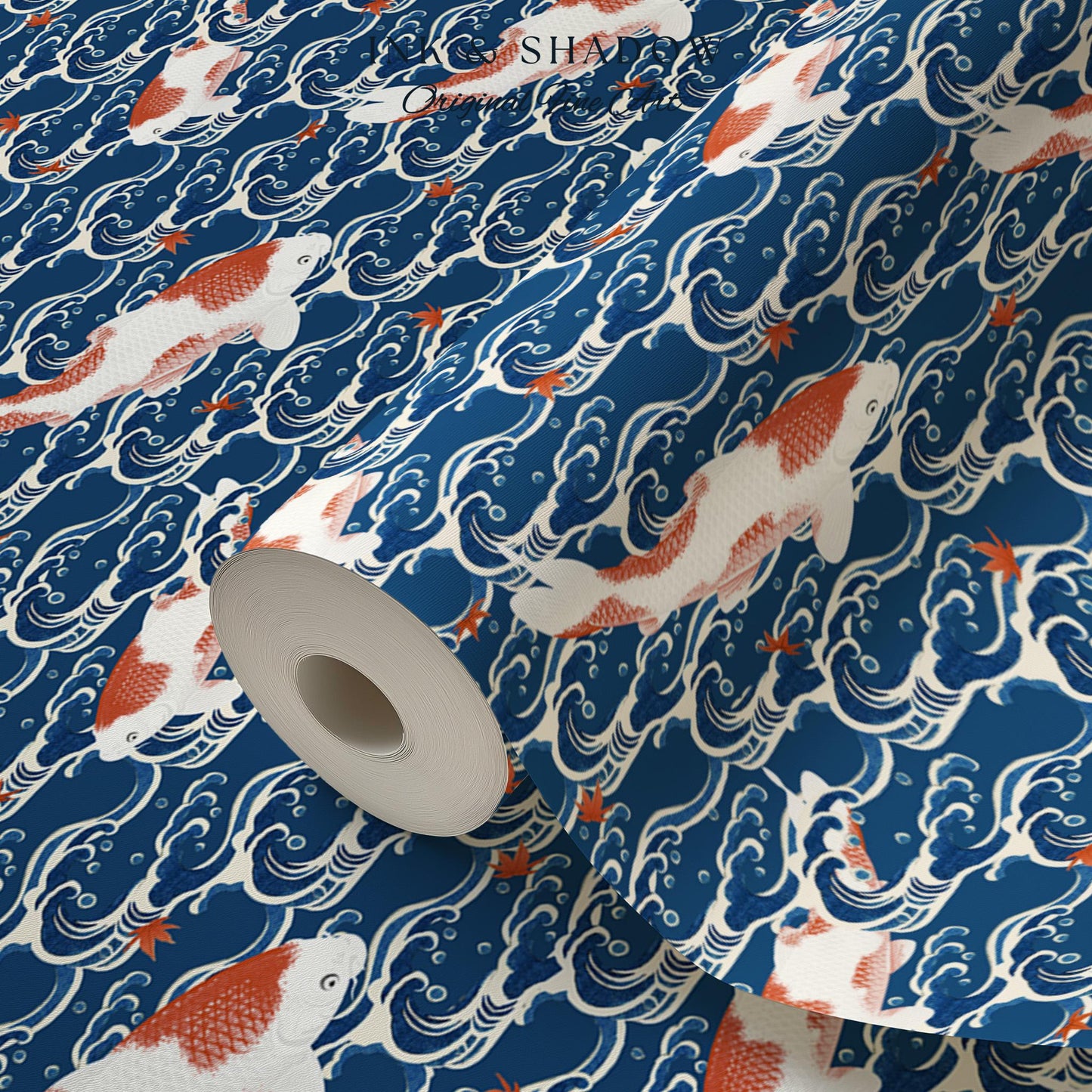 Koi Fish Vintage Costal Pattern Wallpaper | Ocean Print Japanese Inspired Blue Wave Art Renter Friendly Statement Wall for Modern Interiors