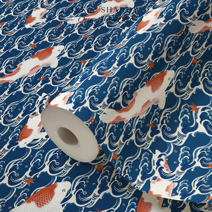 Koi Fish Vintage Costal Pattern Wallpaper | Ocean Print Japanese Inspired Blue Wave Art Renter Friendly Statement Wall for Modern Interiors