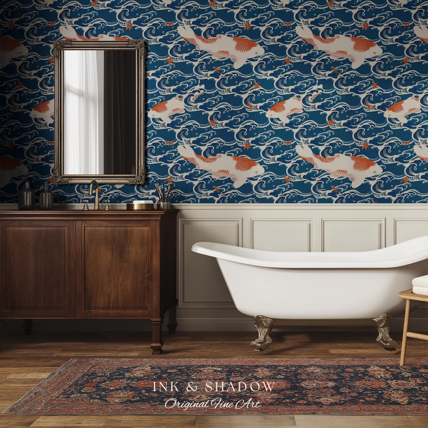 Koi Fish Vintage Costal Pattern Wallpaper | Ocean Print Japanese Inspired Blue Wave Art Renter Friendly Statement Wall for Modern Interiors