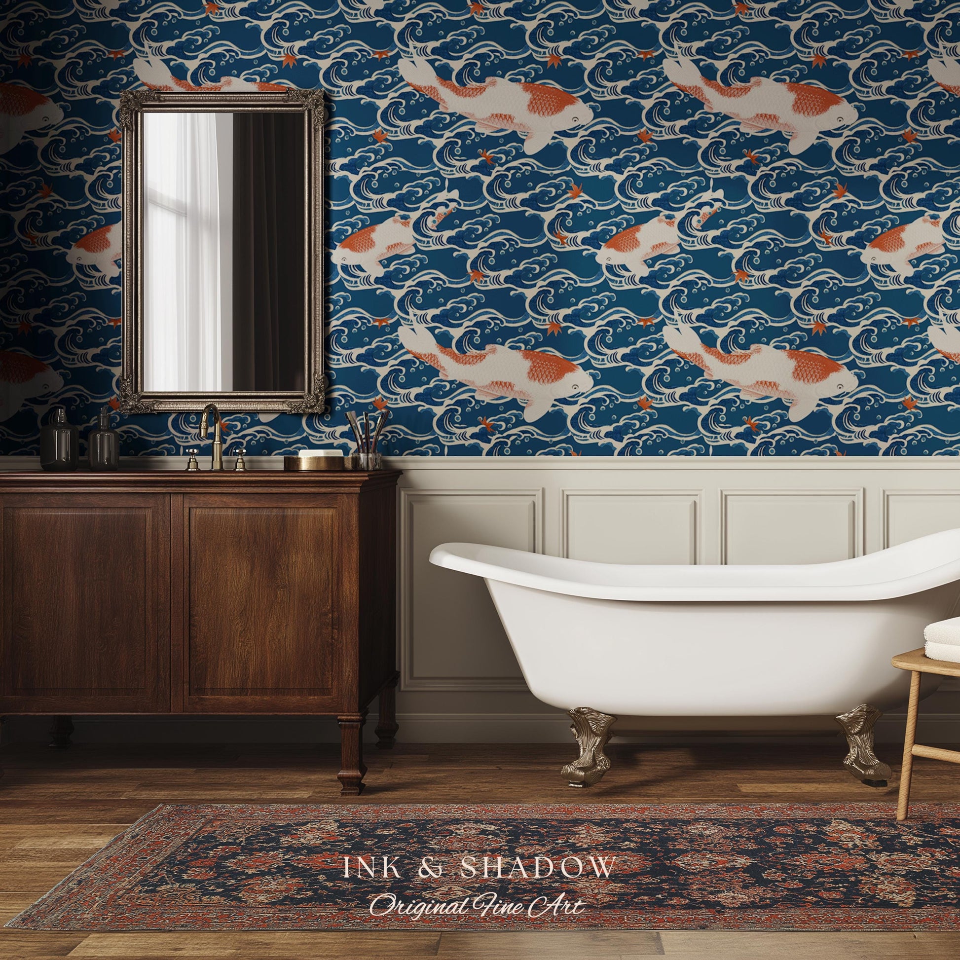Koi Fish Vintage Costal Pattern Wallpaper | Ocean Print Japanese Inspired Blue Wave Art Renter Friendly Statement Wall for Modern Interiors