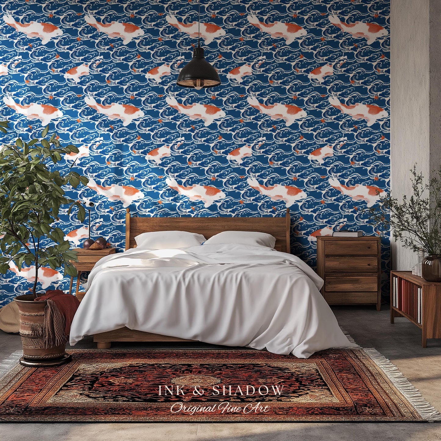 Koi Fish Vintage Costal Pattern Wallpaper | Ocean Print Japanese Inspired Blue Wave Art Renter Friendly Statement Wall for Modern Interiors
